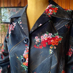 1970s Daily Dress Black&Floral-Geometric Pattern