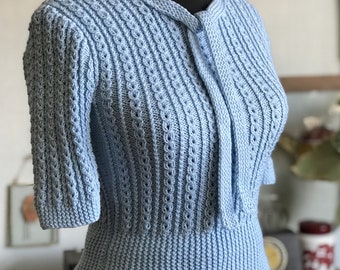 Vintage Reproduction Wool Knit Jumper,1940s Reproduction Baby Blue Bow Jumper,Hand Knitting/ Knitted and ready to use, Vegan Wool