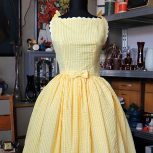 Handmade Gingham Dress, Retro Checkered Dress, 50s Style Dress, Classic, Women&#39;s Vintage Fashion, Yellow White Gingham, 36 Size/Small