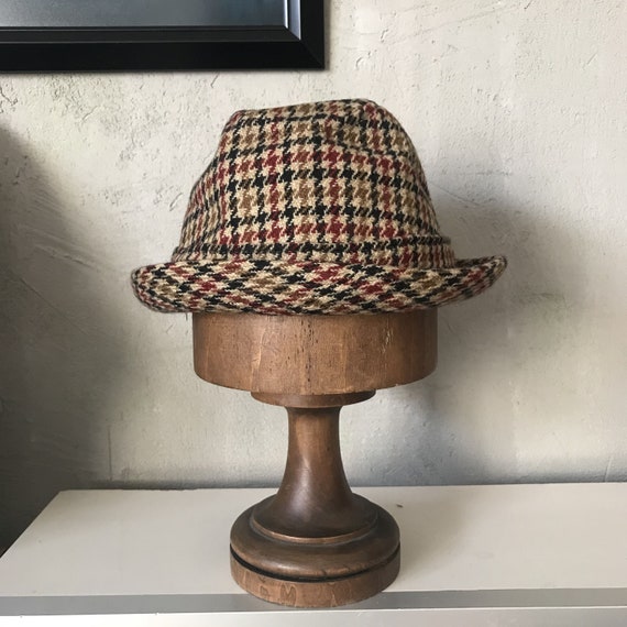 Houndstooth Mens Tweed Trilby Hats Vintage Tweed Fedora Hat Wool  Houndstooth Check Burgundy Brown Beige Feather Mens