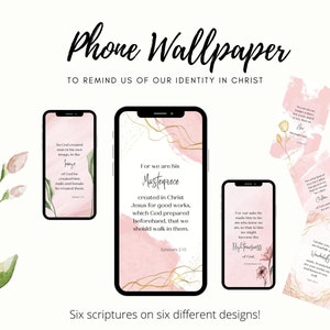 Könnte beinhalten: Sechs Handy-Hintergrundbilder mit rosa und goldenen Aquarellhintergründen und inspirierenden Bibelversen. Die Verse beinhalten "So schuf Gott den Menschen nach seinem Bild", "Denn wir sind sein Meisterwerk", "Um unseretwillen hat er ihn zum Sünder gemacht, der keine Sünde kannte", "Du bist wunderbar gemacht und voller Ehrfurcht", "Weißt du nicht, dass ein Mensch ein Geist ist", und "Ich kann alles durch Christus, der mich stärkt".