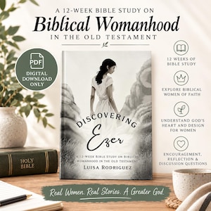 May include: A book titled Discovering Ezer by Luisa Rodriguez, a 12-week Bible study on Biblical Womanhood in the Old Testament. The cover features a black and white illustration of a person in a flowing dress standing between two large rocks.