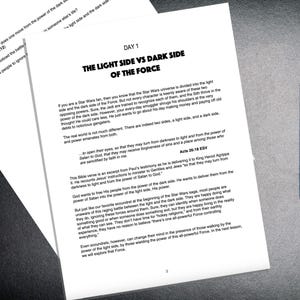 May include: A page from a book about the Star Wars universe, discussing the light side and dark side of the Force. The text explains that the real world is not much different, with two sides, a light side and a dark side, and power emanates from both. The text also includes a quote from the Bible, Acts 20:18, which talks about turning from darkness to light and from the power of Satan to God.