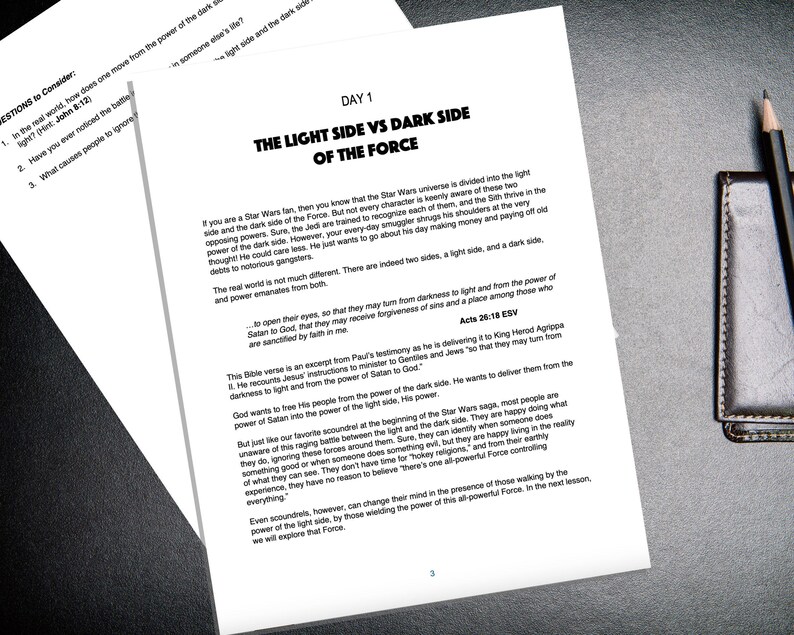 May include: A page from a book about the Star Wars universe, discussing the light side and dark side of the Force. The text explains that the real world is not much different, with two sides, a light side and a dark side, and power emanates from both. The text also includes a quote from the Bible, Acts 20:18, which talks about turning from darkness to light and from the power of Satan to God.