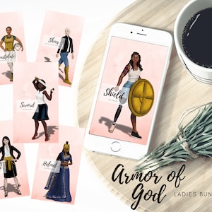May include: A set of digital printable cards featuring illustrations of women wearing different pieces of armor, each representing a different part of the Armor of God. The cards include the helmet, breastplate, belt, sword, shield, and shoes. The text on the cards reads "Armor of God Ladies Bundle".