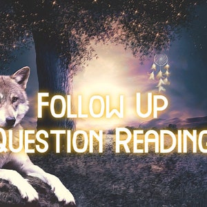以下が含まれることがあります： 岩の上に休むオオカミのデジタルアート。テキスト「FOLLOW UP QUESTION READING」は黄色。背景には木、ドリームキャッチャー、星空が含まれています。