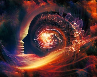 May include: Abstract digital art featuring a profile silhouette and an eye at the center, surrounded by swirling, colorful patterns. The artwork uses a palette of warm colors, including red, orange, and yellow, with hints of blue and purple.