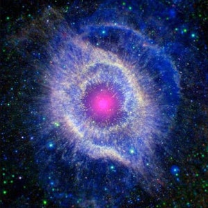 May include: A vibrant image of a nebula in space, showcasing a central bright pink core surrounded by rings of blue and white. The background is filled with numerous stars, creating a cosmic scene.
