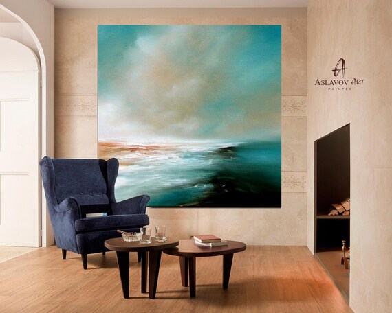 Sea Oil Painting, Blue Ocean Abstract Painting,Sea Wave Original Abstract Canvas Oil Painting,Sky Abstract Landscape Painting, Wall Art