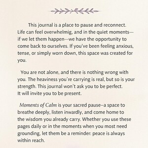 Pu&ograve; includere: Un diario con il testo "Welcome, Beautiful Soul" in cima alla pagina. Il testo "This journal is a place to pause and reconnect." &egrave; sotto il titolo. Il diario &egrave; progettato per aiutare le persone a trovare momenti di calma e pace.