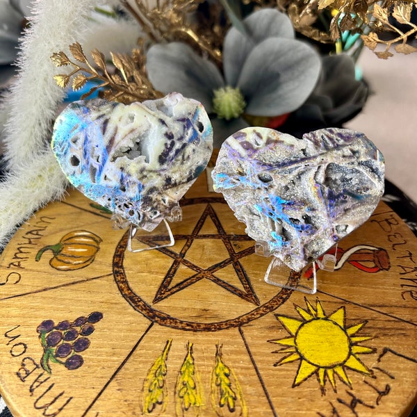 Aura Sphalerite Heart Crystal Carving and Stand | Angel Aura | Reiki | Chakra | Druze | Geode | Witchcraft | Wiccan | Pagan | Ornament