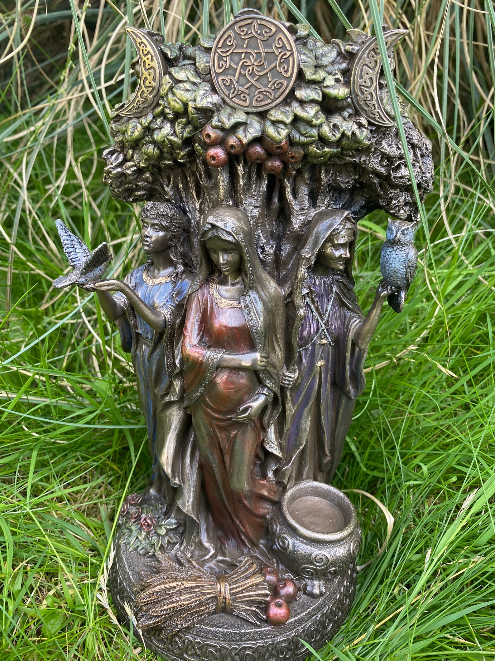 Bronzed Maiden Mother Crone Triple Moon Figurine 27cm