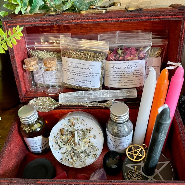 Kit de démarrage Witches Coffre de fournitures | Coffret cadeau | Apocatherie | Bougies | Encens | Sorcellerie | Wicca | païen | Magie | Huiles | Herbes