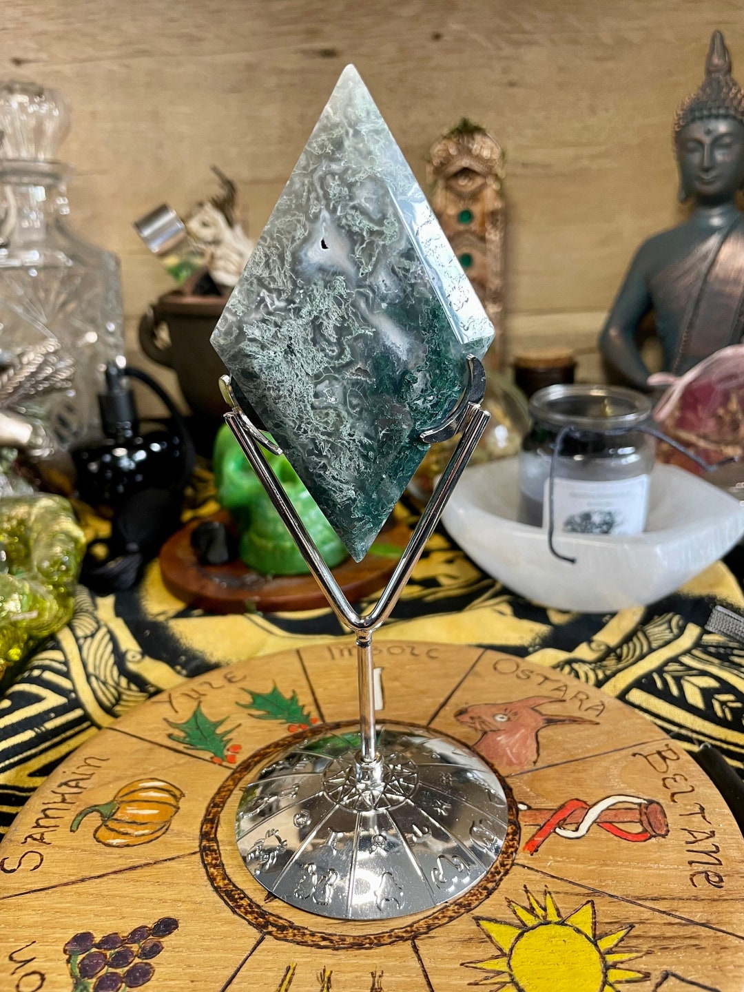 Moss Agate Diamond on Zodiac Stand Crystals Gemstones Natural Nature Rocks Stones Witch Reiki