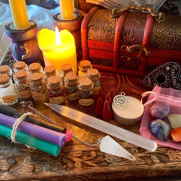 Witches Altar Box and Supplies | Witchcraft | Wiccan | Pagan | Gift Set | Chest | Spells | Spell Candles