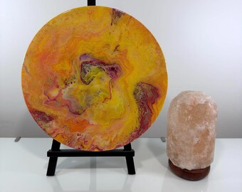 Original Abstract Acrylic Painting, 12 Inch Round Canvas, Yellow Orange Sun Sky Wall Art