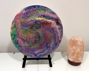 Original Acrylic Pour Painting, 14 Inch Round Canvas, Colorful Abstract Wall Art