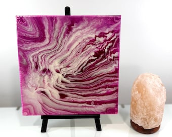 Original Acrylic Abstract Painting, 12x12 Canvas, Candy Cane Pink White Wall Art