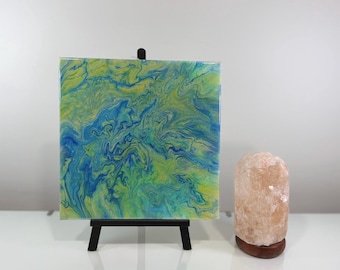 Original Abstract Acrylic Painting 12x12, Blue Green Fluid Art, Canvas Wall Art