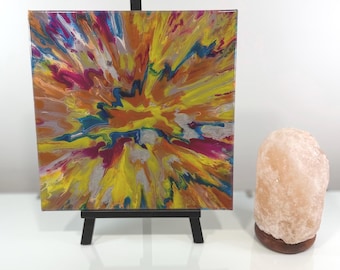 Original Abstract Acrylic Painting 12x12, Yellow Blue Red Fluid Art on Canvas