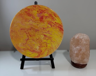 Original Abstract Acrylic Painting, 12 Inch Round Canvas Art, Yellow Orange Sun Inspired Decor