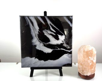 Original Abstract Acrylic Painting, 12x12 Canvas Art, Fragment Black White Modern Decor