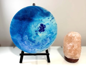 Original Abstract Acrylic Painting, 12 Inch Round Canvas, Blue Ocean Wall Art
