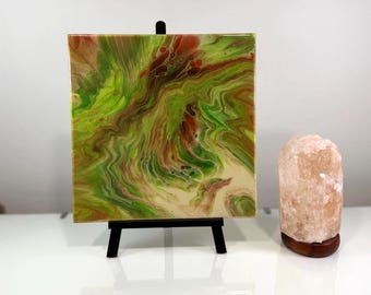 Original Abstraktes Acrylbild 30x30, Grün Rot Fluid Art auf Leinwand