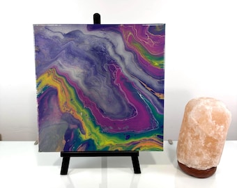 Original Abstract Acrylic Painting 12x12, Purple Green Yellow Fluid Art on Canvas