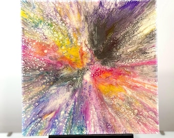 Original Abstract Acrylic Pour Painting, 12x12 Canvas Art, Sunset Palette Fluid Modern Decor
