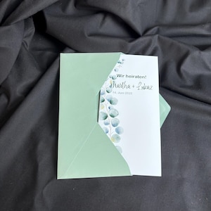 Carte de mariage individuelle avec motif eucalyptus – 6 pages, DIN long avec enveloppe assortie