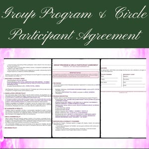 May include: A legal document titled "Group Program & Circle Participant Agreement" with text on a pink and green background. The document is a customizable legal template available for immediate download and use.