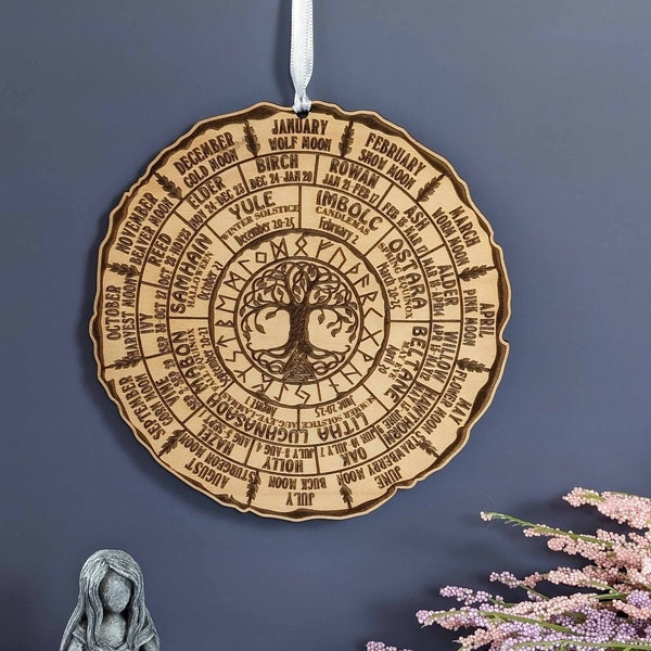 Celtic Tree Zodiac Wheel of the Year rune engraved wood calendar; Hanging calendar; Desk calendar; Zodiac gift idea; Astrological decor