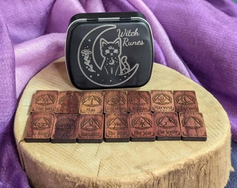 Mini Cedar Witch Runes Set: Engraved Tin, Pagan Divination