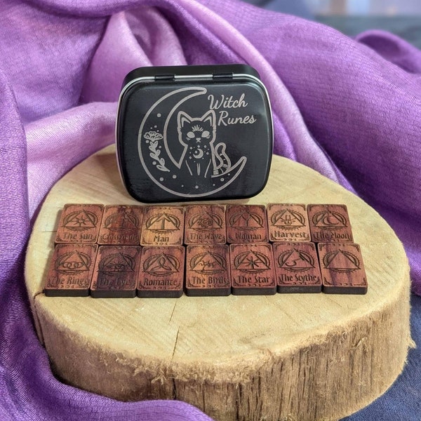 Mini Cedar Witch Runes Set: Engraved Tin, Pagan Divination