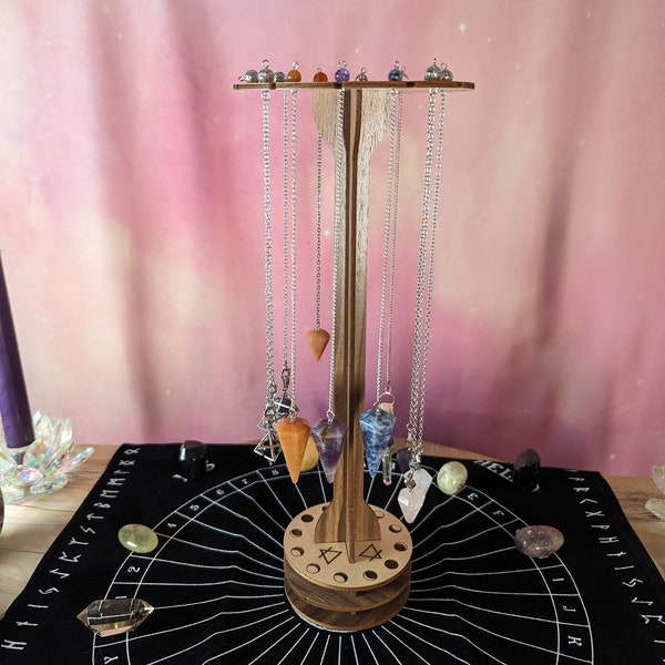 Wooden pendulum display stand with moon phases; Dowsing pendulum holder; Crystal pendulum; Celestial art; Divination tools; Spiritual gifts