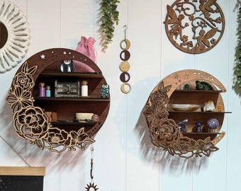 Floral Crescent Moon Crystal Shelf: Mystical Decor