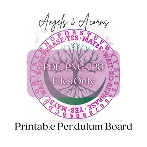 Puede incluir: Tablero de péndulo imprimible con un diseño de árbol y las palabras "PDF, PNG, JPG Archivos solo" en un círculo rosa. El tablero tiene letras, números y las palabras "Sí", "Tal vez" y "Esperar No-Reformular" alrededor del borde.