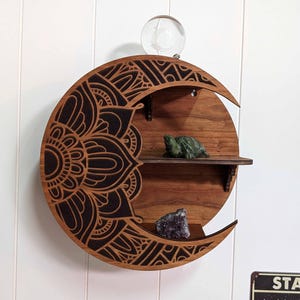 Engraved mandala moon crystal shelf; Shelf for crystal display; Crystal display shelves; Spiritual decor; Celestial shelf; Mystical decor