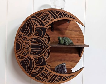 Engraved Mandala Moon Crystal Shelf: Celestial Spiritual Decor