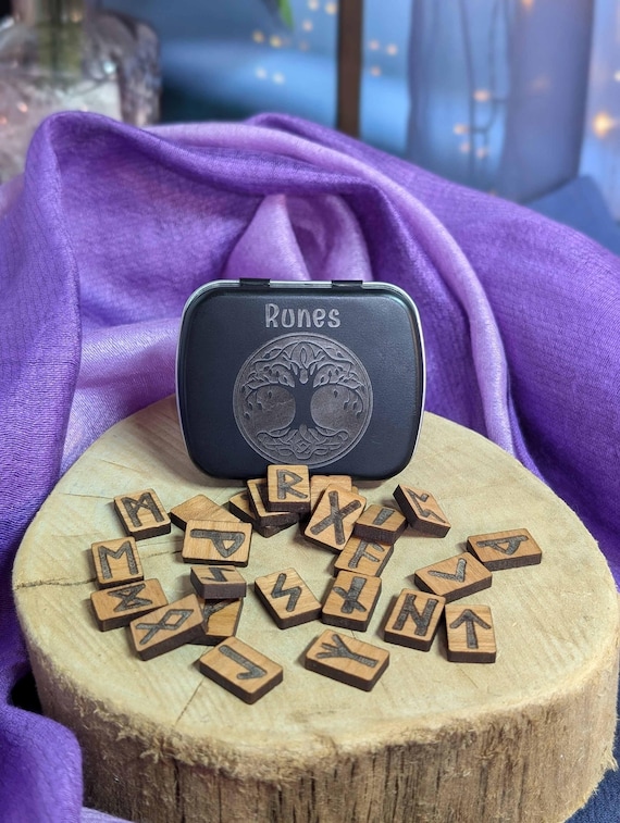 Mini wooden Elder Futhark rune set with engraved tin; Rune divination; Spiritual gift ideas; Norse rune set; Pagan gift ideas; Divination