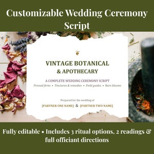 May include: A customisable wedding ceremony script document with a vintage botanical and apothecary theme. The text reads: VINTAGE BOTANICAL & APOTHECARY, A COMPLETE WEDDING CEREMONY SCRIPT, Pressed ferns, Tinctures & remedies, Field guides, Rare blooms.