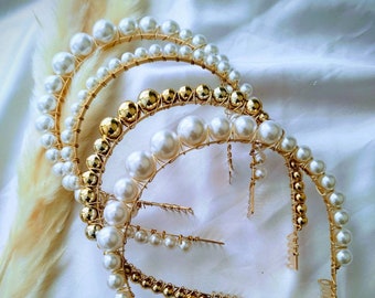 Pearl Gold Headband Metal Hair Accessory with Comb