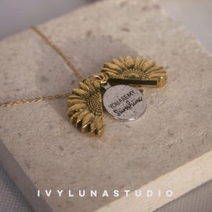 Gold Sunflower Love Necklace, Written Inscription, Hidden Message Jewellery, Flower Pendant