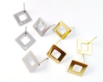 20pcs Stainless Steel Hallow Square Stud Earring, Square Post Earring, Blank Square Post with Loop Hole, Gold Studs Earring Findings