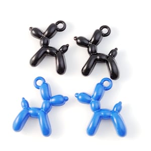 May include: Four balloon dog charms, two black and two blue. The charms are made of plastic and have a loop for attaching to a necklace or bracelet.