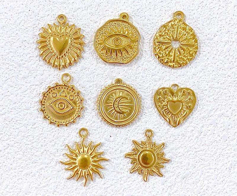 4/10pcs Stainless Steel Eye Charm, Sun Pendant, Gold Moon Pendants, Heart Necklace Pendant, Gold Earring Charms, Jewelry Findings