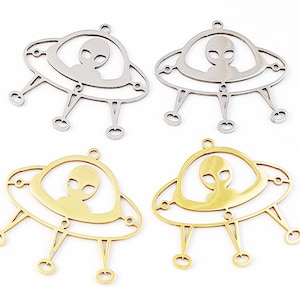 6pcs Stainless Steel Spaceship Charm, Spaceship Pendant, Gold Plated Alien Necklace Pendants,Cosmic Charms, Stainless Steel Findings 29x31mm