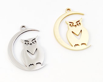 10pcs Stainless Steel Owl Charm, Owl Pendant, Gold Bird Charms, Owl on Moon Pendant, Stainless Steel Findings 14x20mm