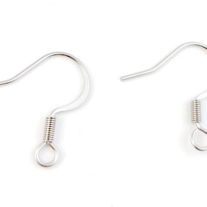 May include: Two silver earring hooks with a spring closure. The hooks are made of metal and have a smooth finish.